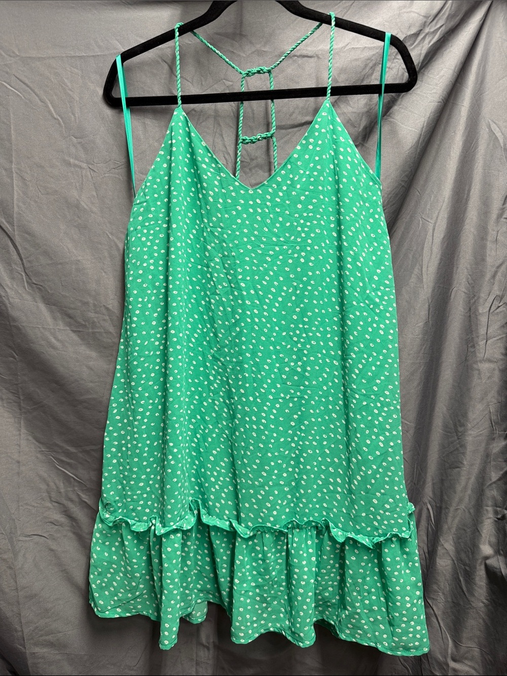 Green Mini Slip Dress with White Dot Print
